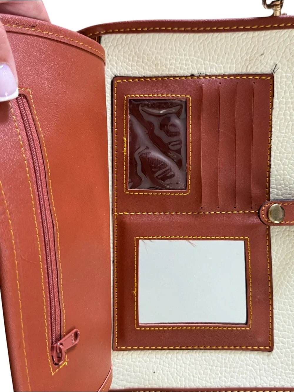 Cream and Brown Leather Top-Handle Satchel